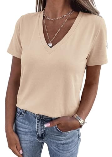 KIRUNDO V Neck T Shirts for Women Summer Tops Oversized Spring Short Sleeve Casual Basic Tees Tunic Blouse Fashion Clothing(Beige Apricot, Large) - Image 1