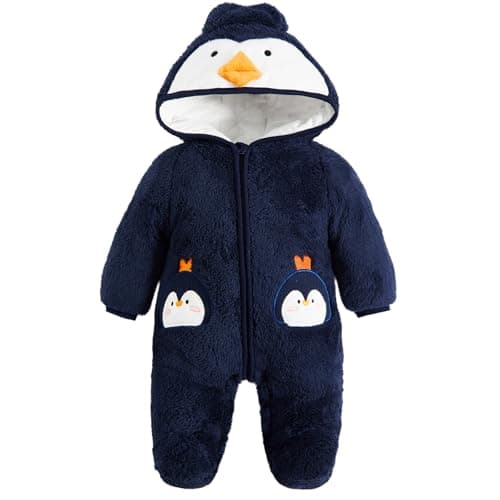 JiAmy Baby Fleece Snowsuit Animal Hooded Winter Romper Warm Footed Onesie Padded Infant Stroller JumpsuitPenguins 6-9 Months