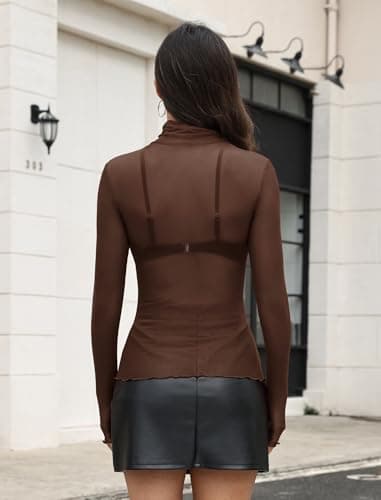 OFEEFAN Women's Solid Color Sheer Mesh Elastic Tight Fitting Long Sleeve Tops Semi-Transparent Undershirt Business Casual Streetwear Elegant Office Wear Chocolate Brown Coffee S - Thumbnail 5