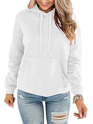 STOLKISS Women Casual Pullover Hoody Loose Long Sleeve Sweatshirt Hoodie Drawstring Design Thin Hoody with Pockets White - Image 1