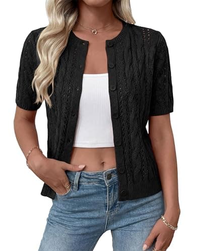 MASCOMODA Women Summer Cable Knit Crochet Cardigan Sweaters Casual Button Short Sleeve Sweater Cute Beach Hollow Out Knit Top(Black,Medium) - Image 1