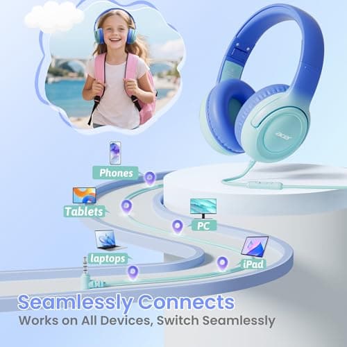 acer Kids Headphones - 85/94dB Volume Limiter, Foldable Wired Over Ear Headphones for Travel, 3.5mm Jack, Toddler Headphones for School, Travel, iPad, Tablet, Blue Gradient, HK03 - Thumbnail 5
