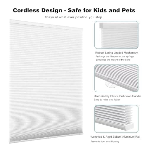 Changshade Cordless Cellular Shades for Windows,Light Filtering Honeycomb Blinds with Thermal Insulation,Energy Saving Design,Child Safe,Privacy Light Control,Easy to Install,（20" W x 48" H,White） - Thumbnail 3