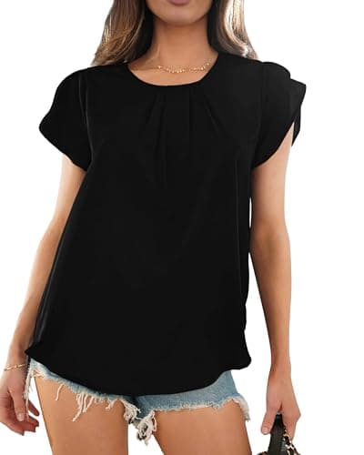 PRETTYGARDEN Women's Tops 2026 Casual Summer Round Neck Short Sleeve Basic Pleated Loose Fit Blouses Plain Tunic Shirts(Black,Small) - Thumbnail 6