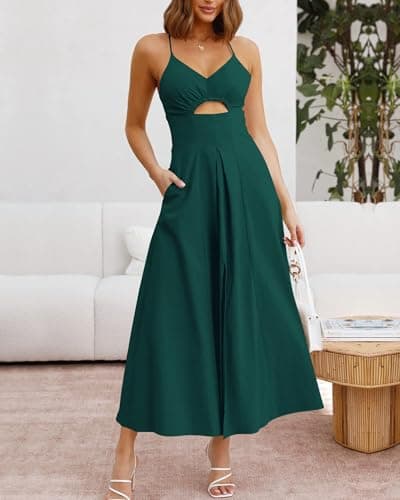 BTFBM Women 2026 Spaghetti Strap Midi Summer Dresses Sleeveless V Neck Cutout Slit Casual Beach Party Maxi Dress Pockets(Dark Green, XX-Large) - Thumbnail 2