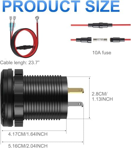 Aluminum Alloy USB C Car Charger Socket,12V USB C Outlet, PD 36W and Quick Charge 3.0 18W Dual Port Waterproof Power Adapter with Voltmeter and Switch for Marine Truck Motorcycle Boat Golf cart RV - Thumbnail 2