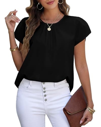 PRETTYGARDEN Women's Tops 2026 Casual Summer Round Neck Short Sleeve Basic Pleated Loose Fit Blouses Plain Tunic Shirts(Black,Small) - Thumbnail 4