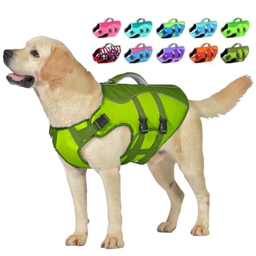 Petglad Dog Life Jacket, High Buoyancy Dog Life Vest with Handle for Swimming Boating, Adjustable Swimming Vest with Reflective Trim for Small Medium Large Dogs - Army Green, XL - Image 1