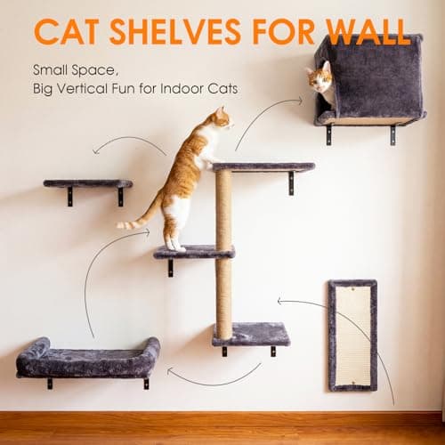 Teynouk 5in1 Cat Wall Shelves Climbing Systems, Large Cat Furniture Shelf Set Wall Hanging Mounted, Sisal Scratching Perch Bed 2 Steps Tower Tree for Indoor House Corner Ladder - Thumbnail 2