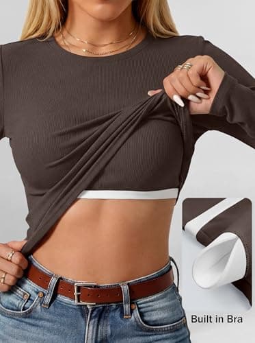 ANRABESS Women's Long Sleeve Shirts Top Built in Bra,Coffee,M - Thumbnail 5