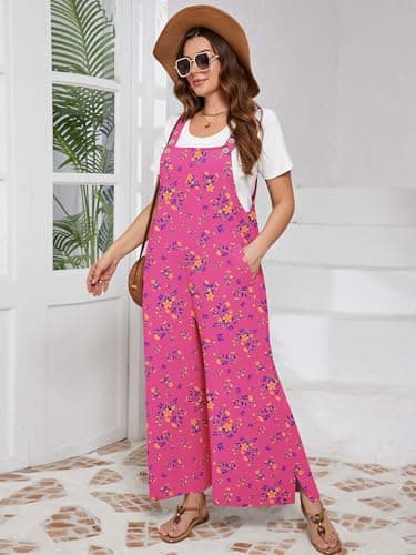 AusLook Plus Size Women's Adjustable Straps Jumpsuits Pink Osmanthus 2X Casual Loose Wide Leg Overalls with Pockets - Thumbnail 5