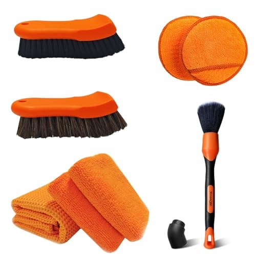 YeewayVeh 7PCS Car Interior Detailing Kit, Horse Hair Leather Brush for Car Seat, Carpet Brush, Soft Car Detailing Brush, Microfiber Towels & 2 Wax Applicator Pads, Car Interior Care Kit, Orange