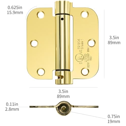 Sophia Self-Closing Door Hinge 3.5 Inch Rounded 5/8 Radius Interior, Spring Loaded Hinge Adjustable Tension for Garage Residential Standard Bedroom Indoor Doors, 2 Pack, Polished Brass, UL Listed - Thumbnail 2