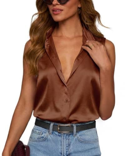 Plilima Womens Satin Button Down V Neck Roll Up Sleeveless Tops Professional Casual Work Shirts Coffee - Image 1