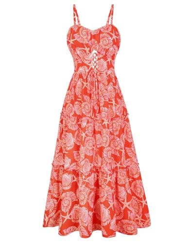 GRACE KARIN 2026 Women's Spaghetti Vacation Sundress Summer Beach Flowy Boho Floral Maxi Dresses with Pockets Orange White Floral XL - Image 1
