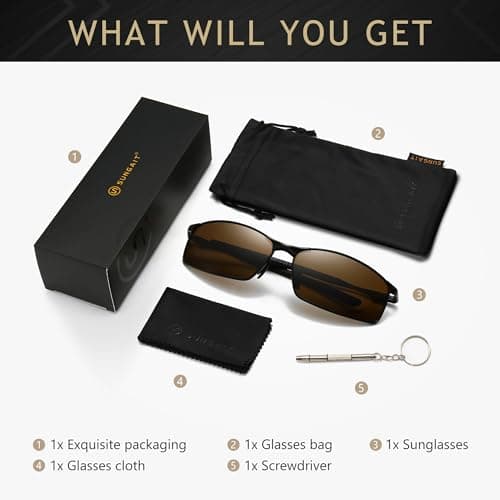 SUNGAIT Ultra Lightweight Polarized Sunglasses Men Rectangular Metal Frame with Spring Hinge (Black Frame Brown Lens) SGT559-HC - Thumbnail 6