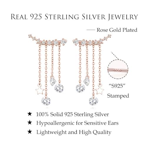 Reffeer Solid 925 Sterling Silver Crawler Earrings Tassel Chain Dangle for Women Teen 7 Crystal Cuff Earrings Climber - Thumbnail 6