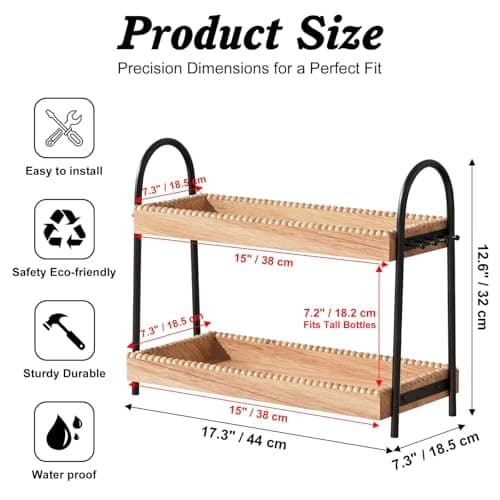 Large 2-Tier Bathroom Countertop Organizer with 8 Jewelry Hooks, 17.3" Eco-Coated Wood Vanity Tray for Perfume & Makeup, Skincare Storage Shelf for Dresser Coffee Bar Kitchen (Light Brown & Black) - Thumbnail 2