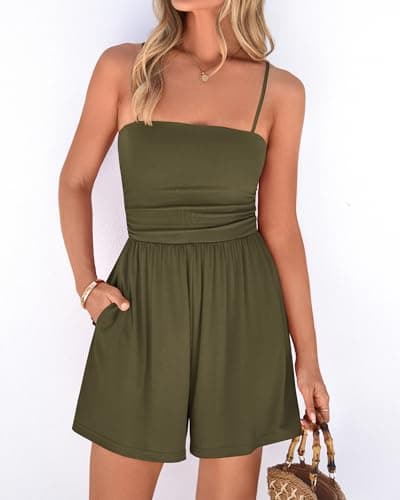 BTFBM Summer Rompers For Women 2026 Casual One Piece Spaghetti Strap Sleeveless Shorts Jumpsuit Beach Vacation Outfits(Army Green, X-Large) - Thumbnail 4