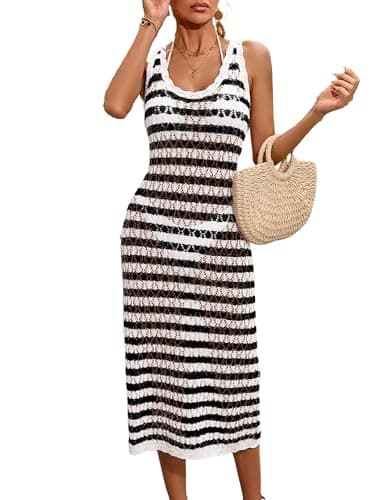 BreathSunny Womens Crochet Knit Beach Bikini Striped Cover Up Dress Summer Sleeveless 2026 Bathing Suit Coverups Dresses White+Black M - Image 1