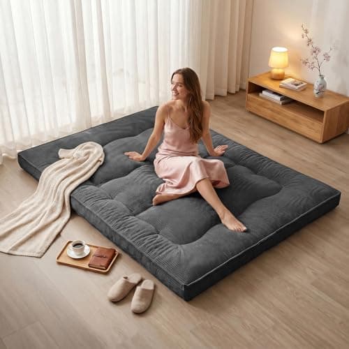 NLDD Futon Mattress Twin Size, 4" Thicken Japanese Futon Mattress Sleeping Pad, Corduroy Foldable Floor Mattress, Roll Up Tatami Mat for Adults Guest Room Bedroom, Grey - Image 1
