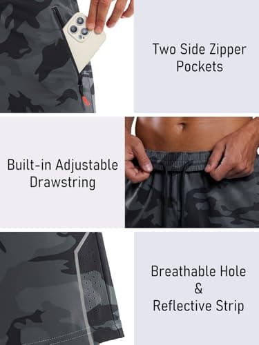 3rd hill Men's 7 inch Running Shorts with Zipper Pockets Quick Dry Athletic Gym Workout Shorts Lightweight Grey Camo L - Thumbnail 4