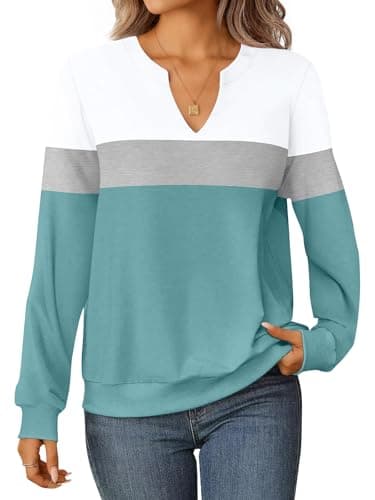 GKBK Womens Sweatshirts Long Sleeve Fall Tops Lightweight Color Block V Neck Cute Loose Casual Pullover - Image 1