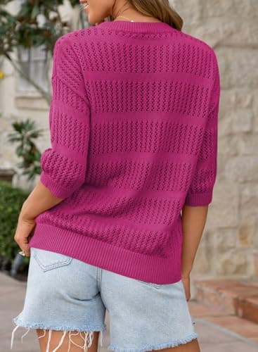 Dokotoo Short Sleeve Sweater for Women Striped Knit Half Sleeve Summer Tops for Women 2026 Vacation Outfits for Women Rose Red Large - Thumbnail 5