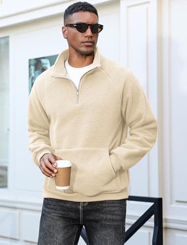 ZAFUL Men's Fluffy Polar Fleece Sweatshirt Embroidery Half Zip Unisex Hoodie Apricot M - Thumbnail 3