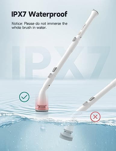 HiCOZY Electric Spin Scrubber HS1, Cordless Shower Scrubber for Cleaning with 4 Replaceable Brush Heads Adjustable Extension Handle, IPX7 Waterproof Cleaning Brush for Bathroom Floor White - Thumbnail 2