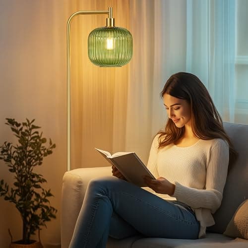 QiMH Glass Floor Lamp for Living Room, Modern Standing Lamp with Ribbed Glass Lampshade Pedal Switch, 67” Tall Lamp for Bedroom Study Room, Brushed Gold (2700K LED Bulb Included) - Thumbnail 6