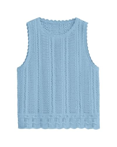 KIRUNDO Beach Cover Ups for Women 2025 Summer Crochet Knit Sweater Vest Mesh Hollow Out Crop Sleeveless Shirts Swimsuit(Sky Blue, X-Small) - Image 1