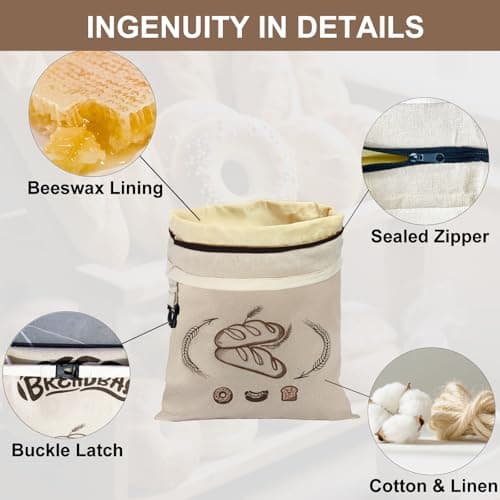 FONDFRAMORY Beeswax Bread Bags for Sourdough, Large Size Sourdough Bread Bags with Beeswax to Keep Freshness Longer, Washable and Reusable Sourdough Storage Bag (2 Pack) (Light Beige) - Thumbnail 3