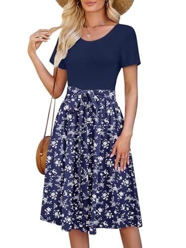 Heymoments Midi Dress for Women Print Floral X-Large Wedding Guest A line Crewneck Short Sleeves Casual Flowy Swing Cocktail Slimming Birthday Party Summer Travel Long Midi Dresses - Image 1