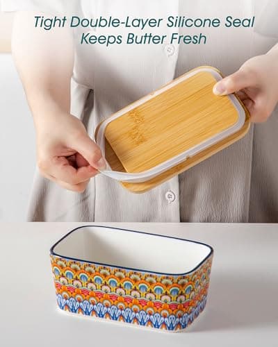 vancasso SIMI Butter Dish with Lid, 6.5" Large Butter Dish for Countertop, Bohemian Ceramic Butter Keeper Container with Knife and Bamboo Lid, Butter Holder for Counter, Regal Bloom - Thumbnail 6
