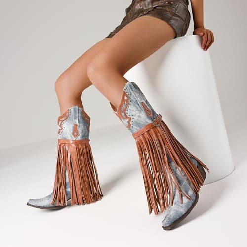 SaraIris Women's Blue Western Mid Calf Boots, Size 9.5, Knee-High, Fringe, Pull-On, Pointed Toe, Embroidered, Slip-Resistant, Water-Resistant, Kitten Heel - Thumbnail 3