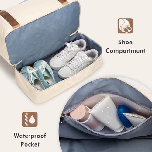 WOOMADA Weekender Overnight Bag for Women, Shoulder Travel Duffel with Shoes Compartment,Gym Bag with Toiletry Bag Large Size(beige&brown) - Thumbnail 5