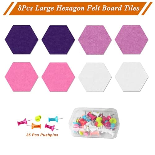 HULAVO Large Hexagon Felt Cork Board Tiles, Self Adhesive DIY Felt Bulletin Board Pin Board with 35 Pushpins for Office School Home Wall Decor(Purple+Light Purple+Pink) - Thumbnail 5