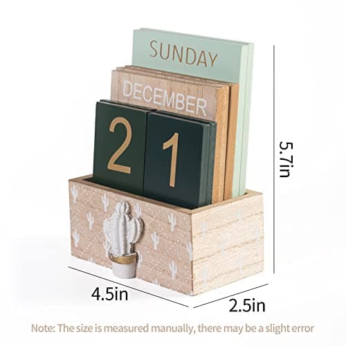 Perpetual Desk Calendar, Wooden Calendar Vintage Office Supplies Block Home Office Aesthetic Boho Desk Accessories Green Cactus Decor Gift - Thumbnail 3