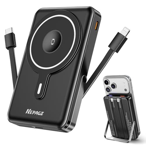 Nepagz for Magsafe Portable Charger, 10000mAh Magnetic Power Bank with Foldable Stand, PD 22.5W Fast Charging with USB-C Cable, Wireless Portable Charger for iPhone 17/16/15/14/13/12 Series,Dark Black