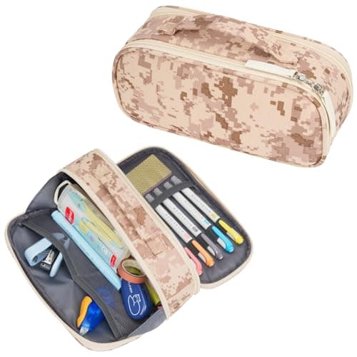 ECHSRT Tactical Pencil Case for Boy, Extra Large Capacity Camo Pencil Pouch for Men Adults, 3 Compartment Zipper Pen Case, Small Tool Bag Organizer for School Office Travel - Camo Brown