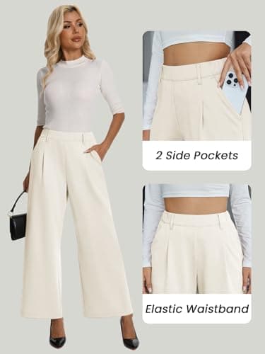 Amzdora Womens Dress Wide Leg Pants Pull On Stretchy Work Pants High Waisted Business Causal Palazzos Trousers with Pockets White - Thumbnail 4