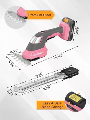 WORKPROX 20V Pink Cordless Grass Shear & Shrubbery Trimmer - 2-in-1 Handheld Electric Grass Trimmer Hedge Shears/Grass Cutter with Tool Bag, Rechargeable Lithium-Ion Battery and Type-C Cable Included - Thumbnail 2