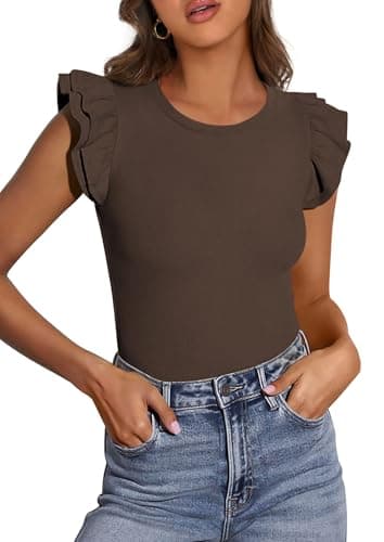 PRETTYGARDEN Womens Summer Crew Neck T Shirts 2026 Trendy Ruffle Sleeve Slim Fit Knit Going Out Tops Casual Spring Clothes (Coffee,XX-Large) - Image 1