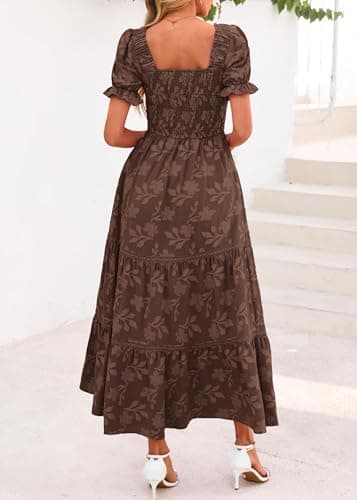 Lazysmile Women's Summer Boho Floral Maxi Dress Short Sleeve Square Neck Smocked Ruffle Elegant Wedding Guest Dress Brown - Thumbnail 2