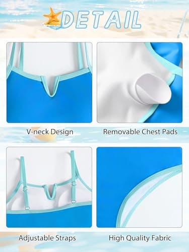 AMAWMW Girls Swimwear Adjustable Straps V-Neck Cutout Swimsuit One Piece Bathing Suit Summer Beach Wear, Sky Blue, 7-8Y - Thumbnail 6