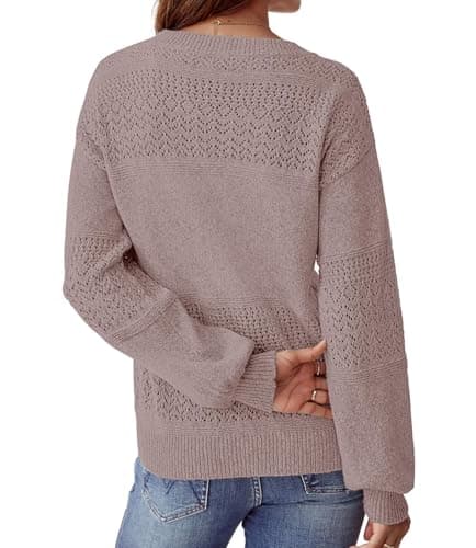 NORACORA Womens Fall Sweaters 2025 V Neck Casual Long Sleeve Ribbed Knit Oversized Pullover Lightweight Crochet Loose Sweater Tops Pink - Thumbnail 4