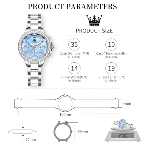 OLEVS Women's Silver Watch Water Resistant for Women Ceramic Stainless Steel Bracelet Blue Mother of Pearl Chronograph Dial Luxury Diamond Bezel Elegant Ladies Quartz Wrist Watch Gift reloj para Mujer - Thumbnail 6