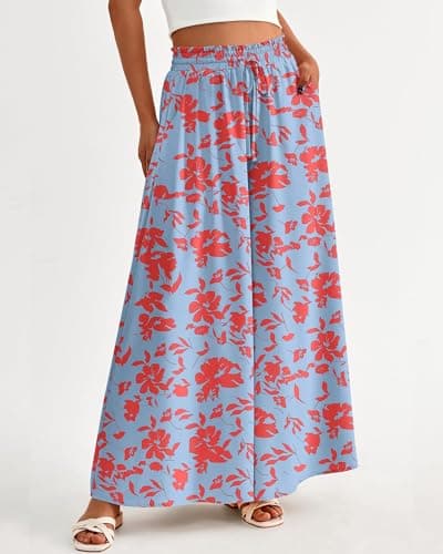 BTFBM Women Casual High Waist Wide Leg Pants 2026 Spring Summer Long Palazzo Pants Pocket Lounge Beach Vacation Clothes(Print Light Blue Red, Small) - Thumbnail 3