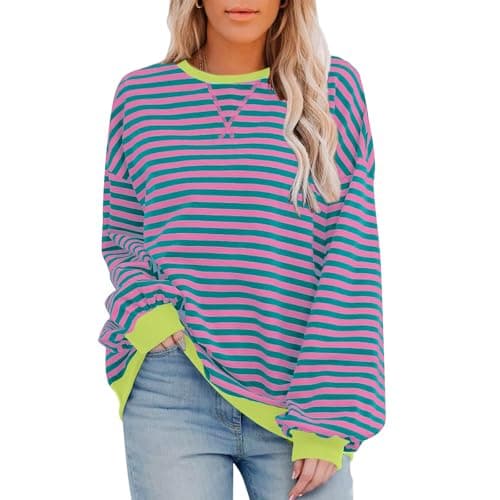 HDLTE Womens Oversized Striped Sweatshirt Crewneck Classic Color Block Long Sleeve Casual shirt Fashion Loose Pullover Tops Pink